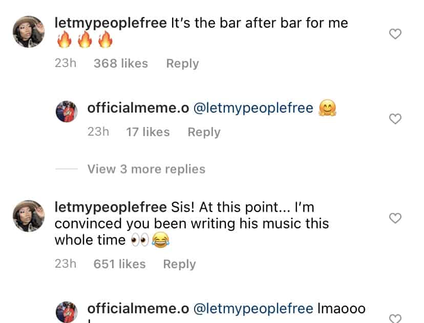 Screenshot of Meme's comments