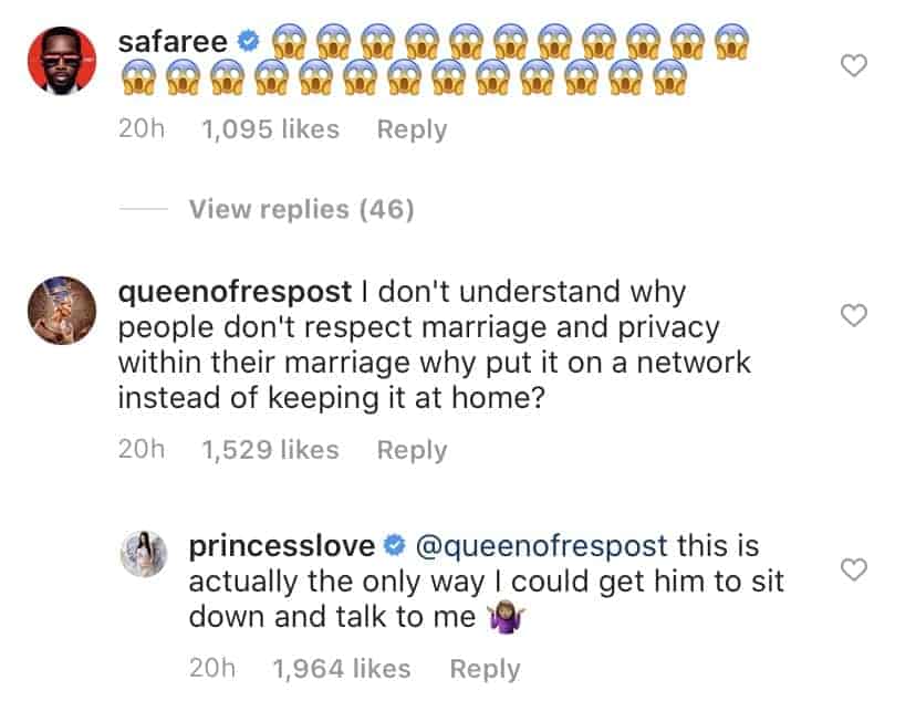 Screenshot of Princess's IG comments