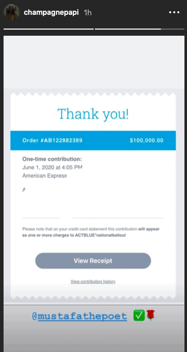 Screenshot of Drake's receipt