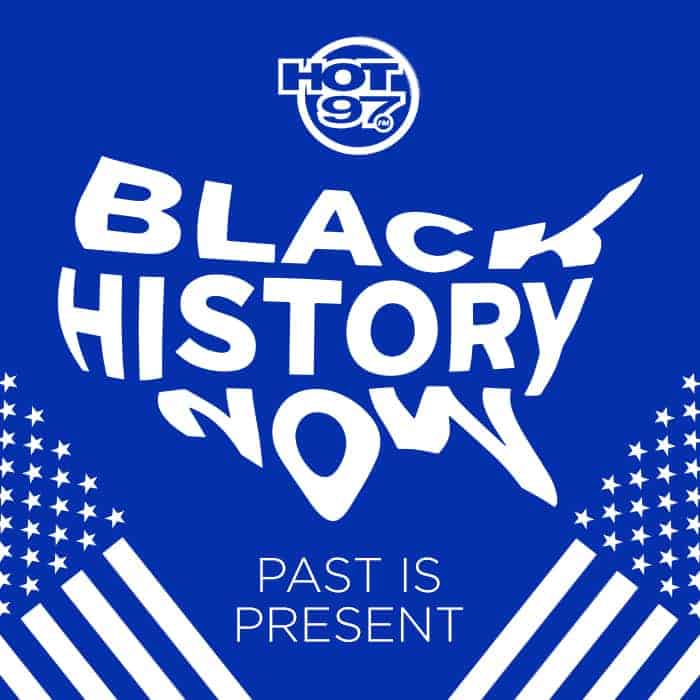 HOT 97 Black History Now (in shape of USA) Past is Present with white American Flags on blue background