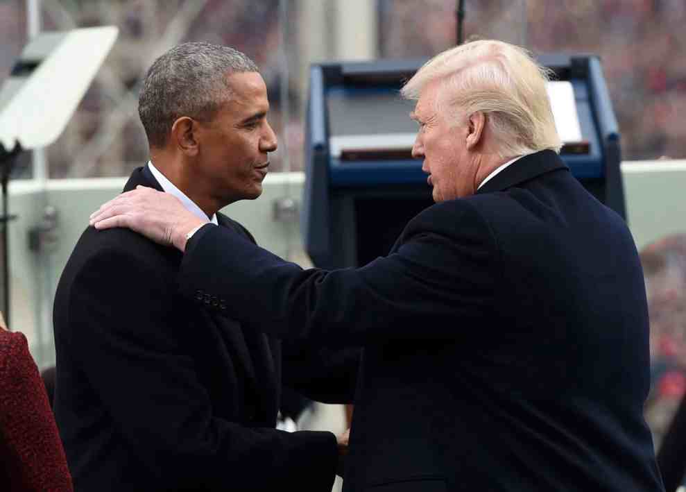 Barack Obama and Donald Trump shaking hands at Trump's inaguration