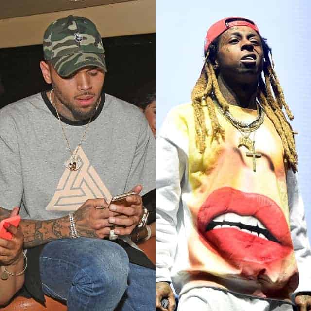 Split image of Chris Brown on phone and Lil Wayne performing