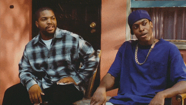 Gif of Ice Cube and John Wihterspoon reacting in the movie Friday