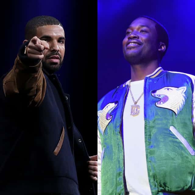 Spit image of Drake performing and Meek Mill performing