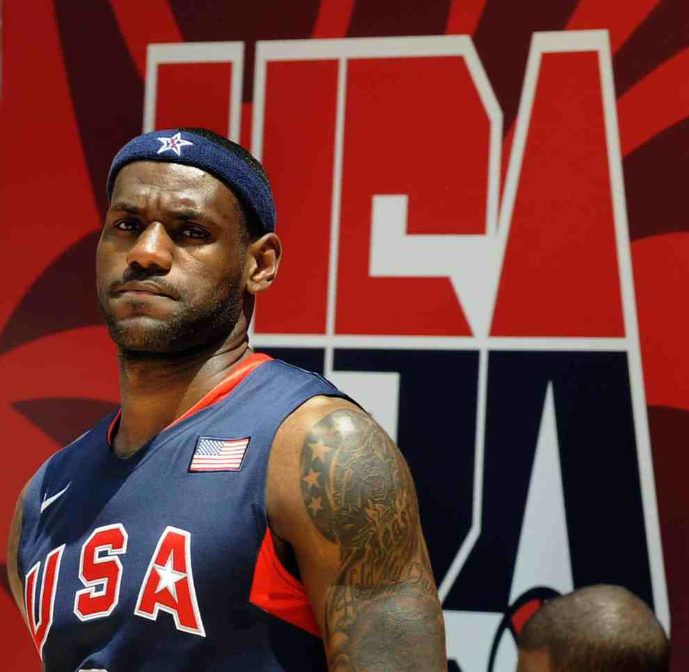 LeBron James in USA basketball jersey in front of USA background