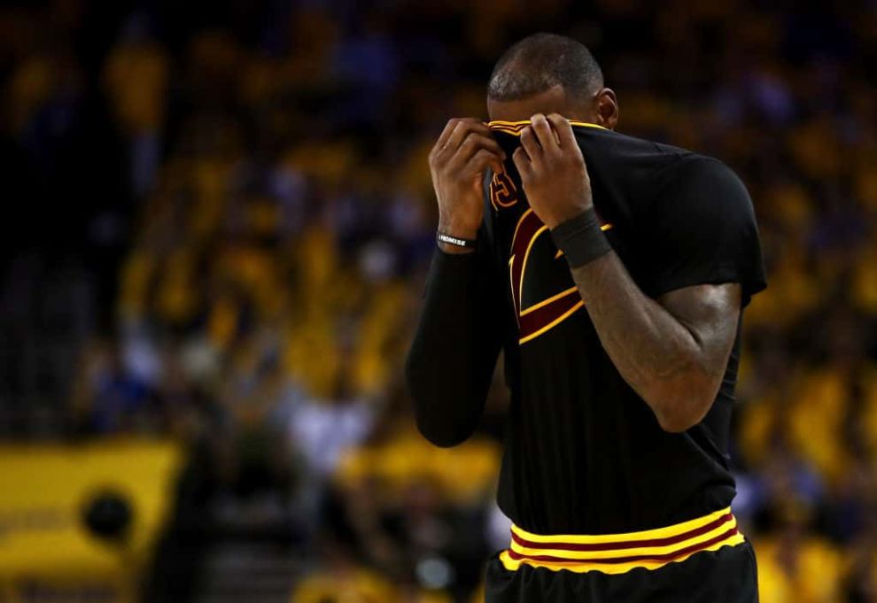 LeBron James of Cleveland Cavaliers head in jersey after NBA Finals Game 2 loss to Golden State Warriors