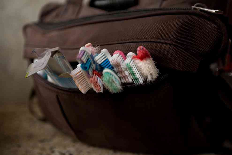 Multiple toothbrushes in a brown travel bag