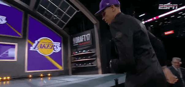 Screenshot from video of Lonzo Ball walking up steps to LA Lakers during NBA draft