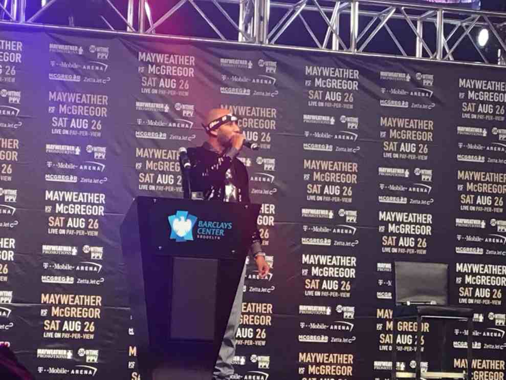 Swizz Beatz speaking at Floyd Mayweather Jr. v Conor McGregor World Press Tour event at Barclays Center on July 13