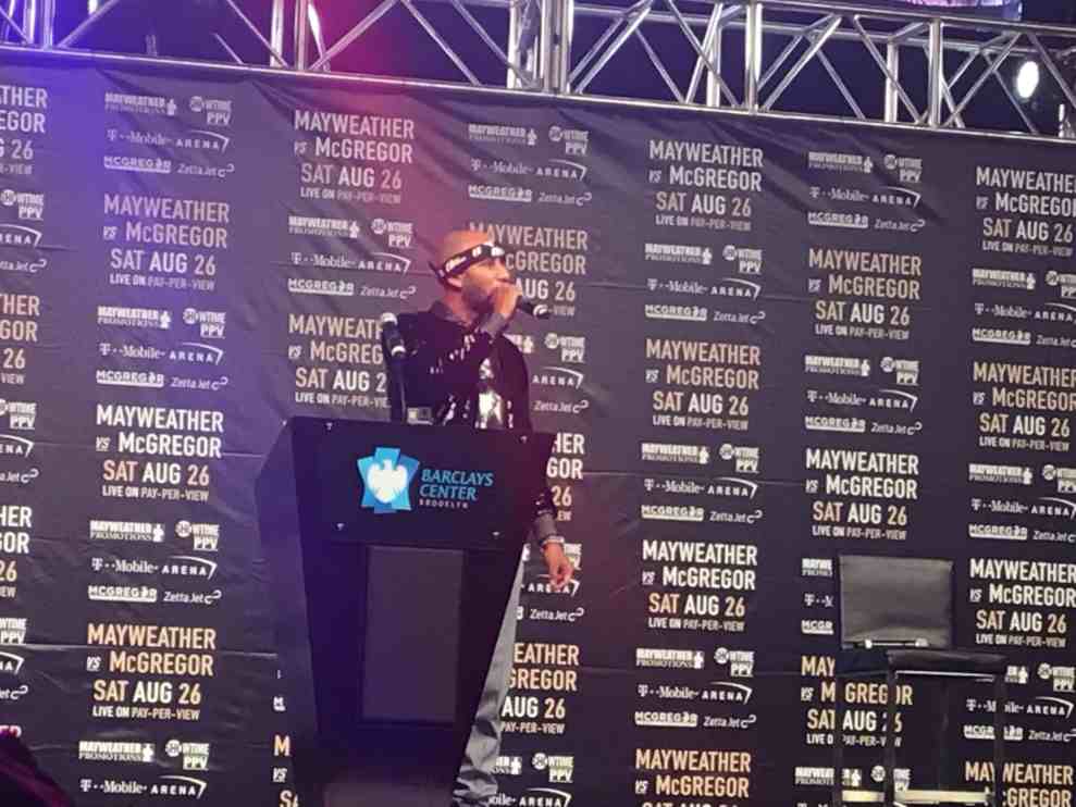 Swizz Beatz speaking at Floyd Mayweather Jr. v Conor McGregor World Press Tour event at Barclays Center on July 13