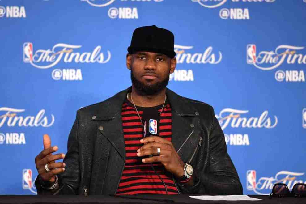 LeBron James #23 of the Cleveland Cavaliers speaks at the press conference after his teams 129-120 loss to Golden State Warriors