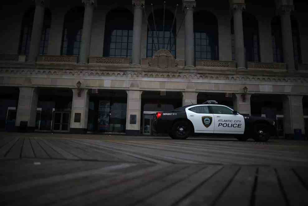 An Atlantic City police car in front of the old Convention Center as Hurricane Sandy approaches on October 28