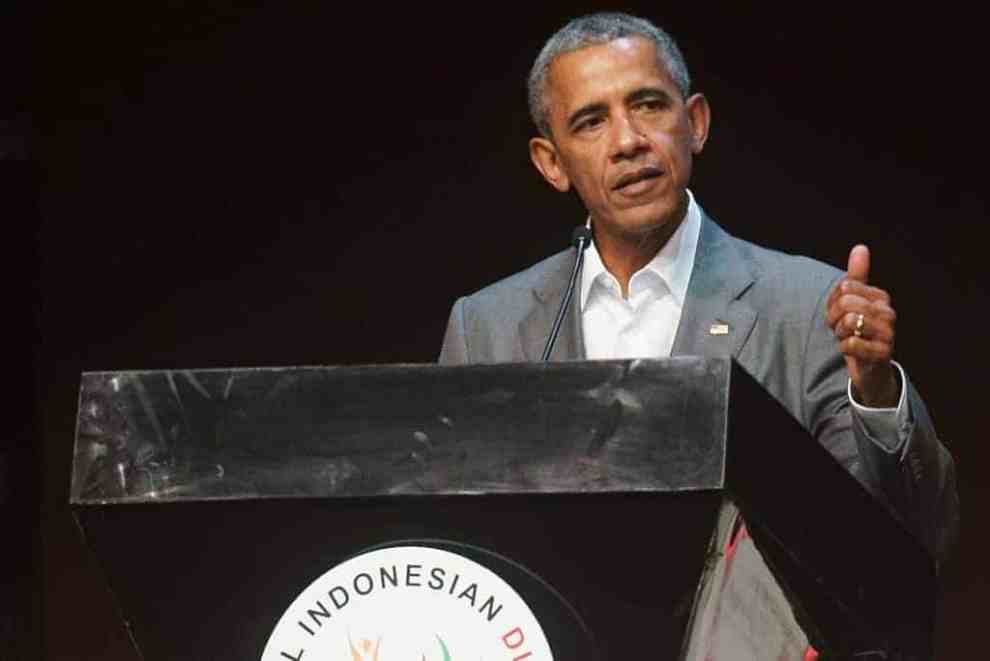 Barack Obama gives a speech during the 4th Congress of the Indonesian Diaspora on July 01