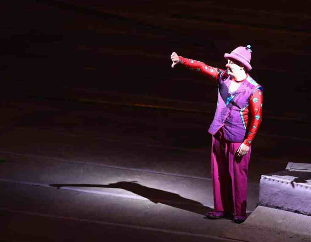 Clown with thumb down during performance on the final day of the Ringling Bros Barnum and Bailey Circus on May 21
