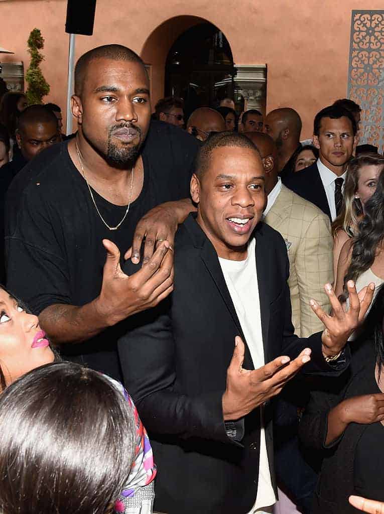 Kanye West and Jay Z attend Roc Nation and Three Six Zero Pre-GRAMMY Brunch 2015