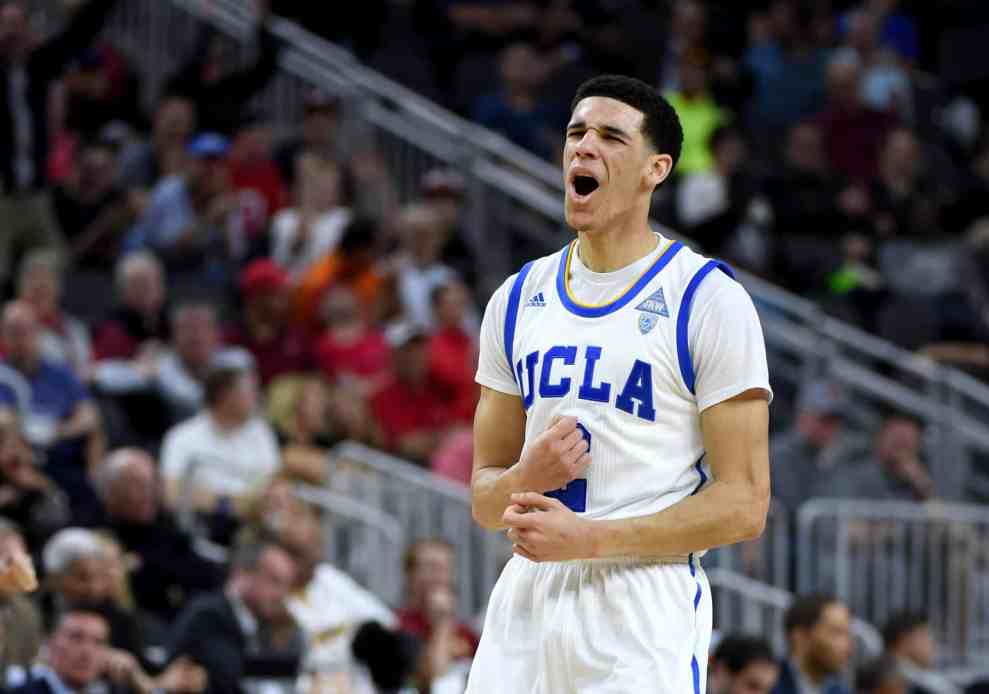 Lonzo Ball #2 of the UCLA Bruins celebrates after scoring during a quarterfinal game of the Pac-12 Basketball Tournament March 9