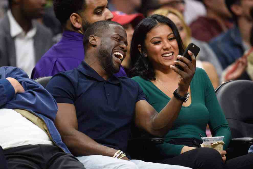 Kevin Hart & Eniko Parrish attend a basketball game between the Oklahoma City Thunder and the Los Angeles Clippers on 3/2/16