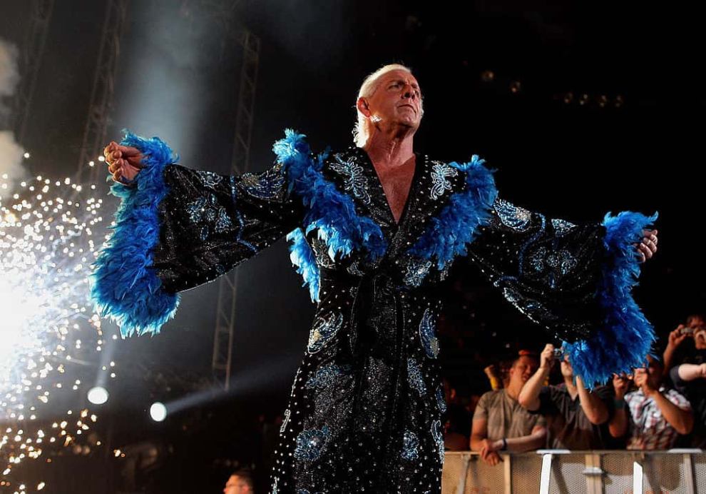 Ric Flair is greeted by the crowd during Hulk Hogan's Hulkamania Tour November 21
