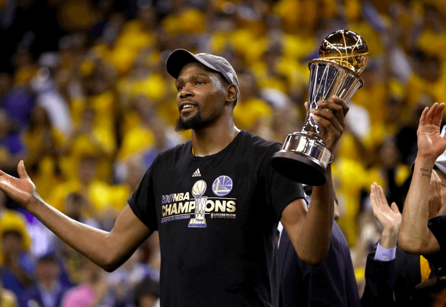 Kevin Durant #35 of the Golden State Warriors celebrates after being named Bill Russell NBA Finals Most Valuable Player 2017