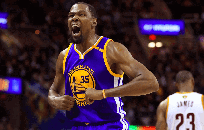 Kevin Durant #35 of the Golden State Warriors reacts against the Cleveland Cavaliers during Game 3 of the 2027 NBA Finals