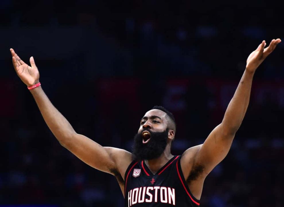 James Harden #13 of the Houston Rockets celebrates a three pointer during a win over the LA Clippers March 1
