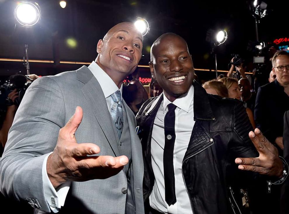 The Rock and Tyrese Gibson arrive on the red carpet at Premiere Of Universal Pictures' 'Furious 7' in 2015