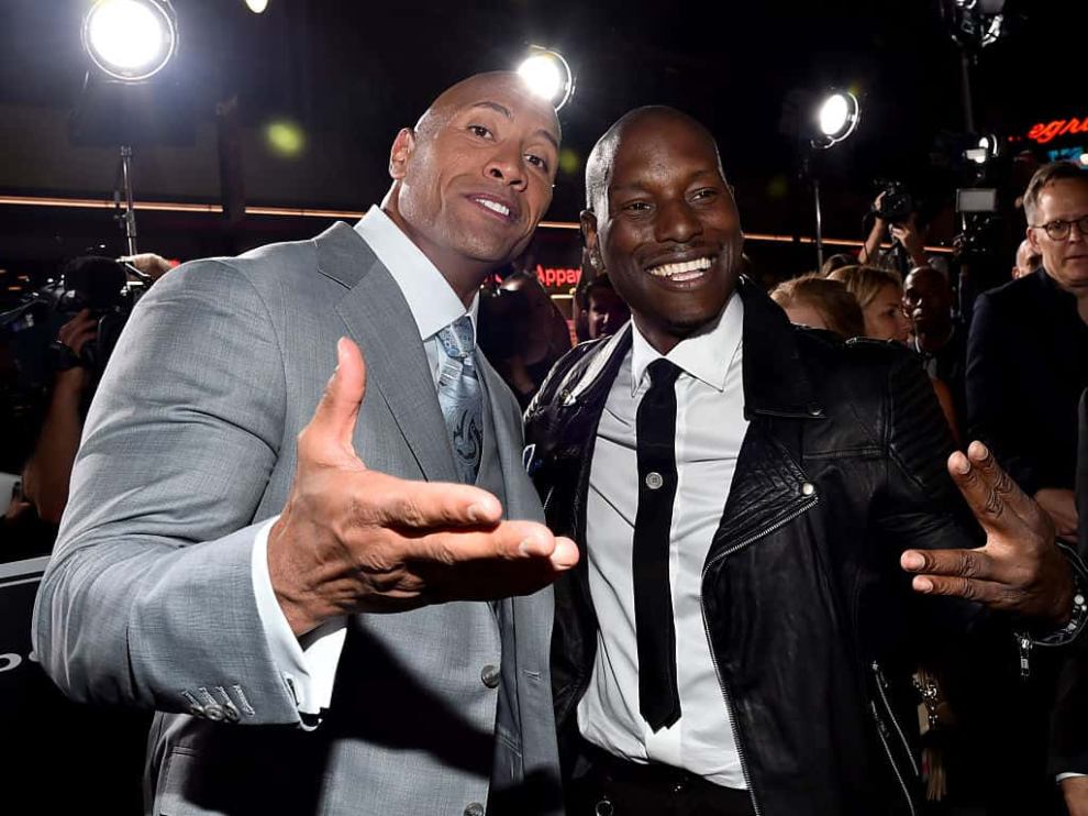 The Rock and Tyrese Gibson arrive on the red carpet at Premiere Of Universal Pictures' 'Furious 7' in 2015