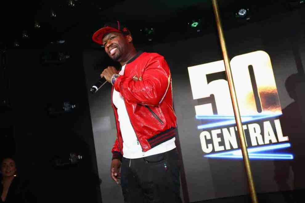 50 Cent speaks on stage at BET's 50 Central Premiere Party on September 25