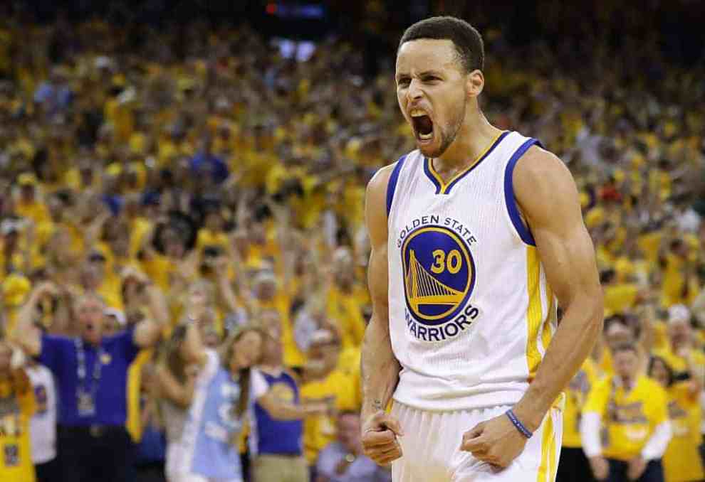 Steph Curry #30 of the Golden State Warriors reacts during a game