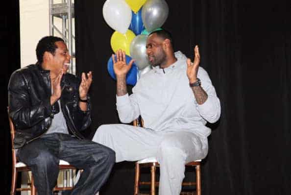 Jay Z and LeBron James  attend the groundbreaking ceremonies for the renovated gymnasium at the Local Boys & Girls Club Of L.A