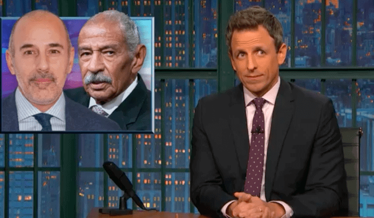 Screenshot from Late Night with Seth Meyers showing Seth Meyers discussing Matt Lauer