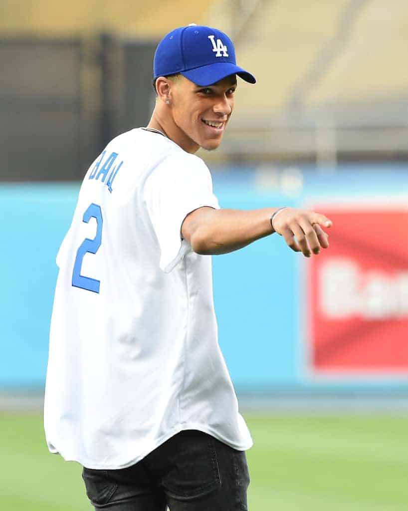Lonzo Ball l #2 of the Los Angeles Lakers throws out the first pitch Colorado Rockies v Los Angeles Dodgers