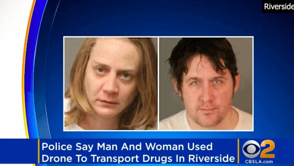 Screenshot from video from CBS 2 CBSLA.com "Police say Man and Woman Used Drone to Transport Drugs in Riverside"