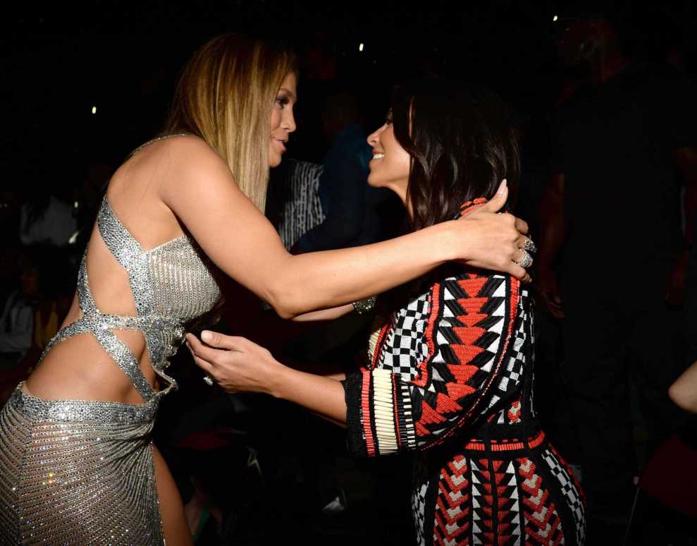 Jennifer Lopez and Kim Kardashian backstage at 2014 MTV Video Music Awards