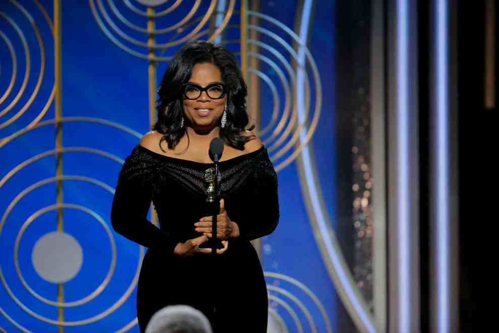 Oprah accepting the  the Cecil B. DeMille Award for lifetime achievement at the 2018 Golden Globe Awards