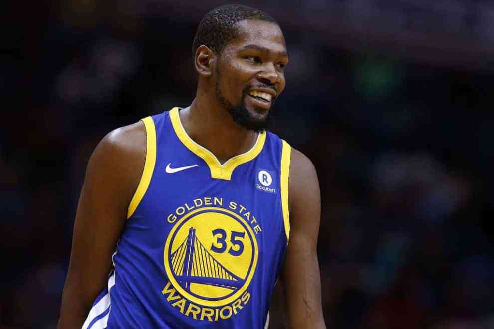 Kevin Durant #35 of the Golden State Warriors reacts against the Cleveland Cavaliers during Game 3 of the 2027 NBA Finals