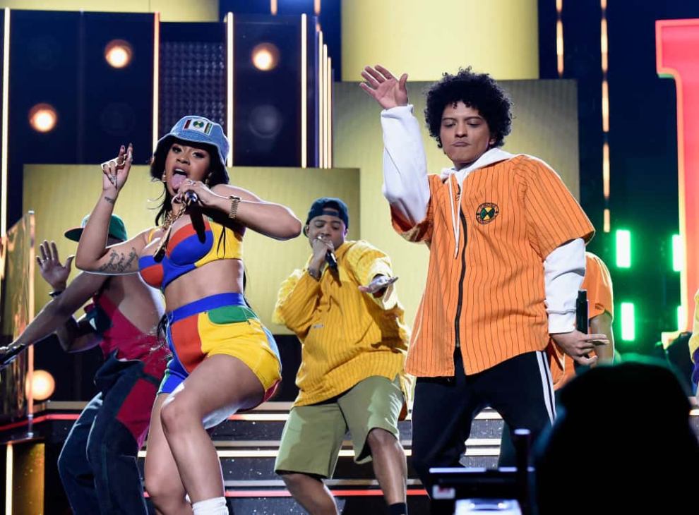 Cardi B and Bruno Mars perform at the 2018 GRAMMY Awards