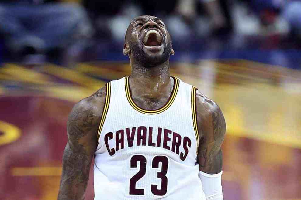 LeBron James #23 of the Cleveland Cavaliers celebrates scoring