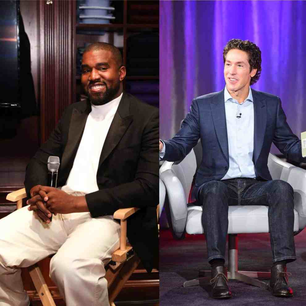 Kanye West and Joel Osteen sitting in chairs smiling