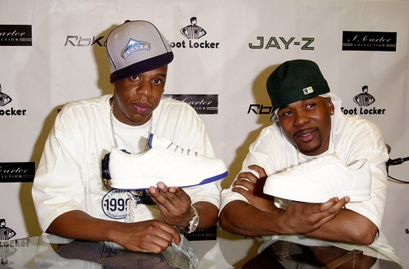 Jay-Z and Memphis Bleek during Jay Z Brings S. Carter Shoe Collection Home to New York City at Foot Locker in New York City