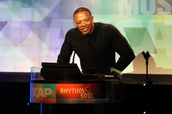 Producer Dr. Dre speaks during the 24th Annual Rhythm and Soul Music Awards at the Beverly Hilton Hotel on June 24