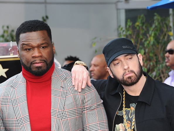Curtis "50 Cent" Jackson (L) and Eminem (R) attend a ceremony honoring Curtis "50 Cent" Jackson with a star on the Hollywood Walk of Fame on January 30