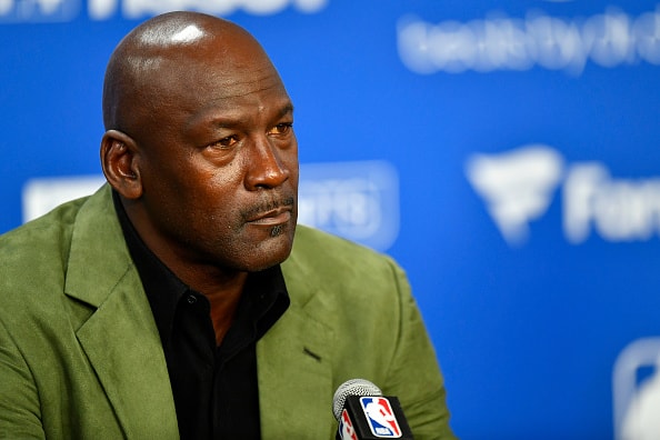 Michael Jordan attends a press conference before the NBA Paris Game match between Charlotte Hornets and Milwaukee Bucks on January 24