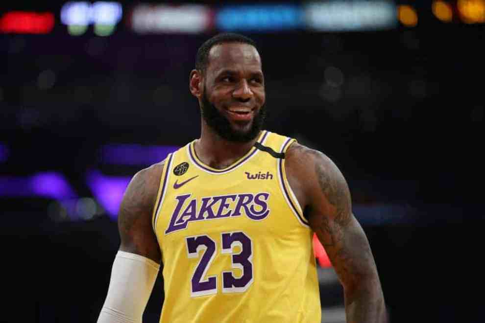 LeBron James wearing his yellow and purple Lakers jersey