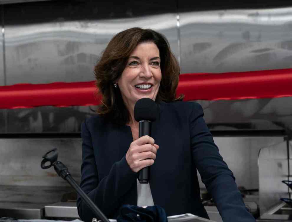 Kathy Hochul speaking into a microphone on May fourth.