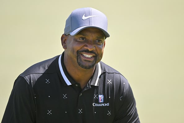 Alfonso Ribeiro walks off the 13th green while playing in a Pro-AM prior to the PGA TOUR Champions ClubCorp Classic at Las Colinas Country Club on April 20