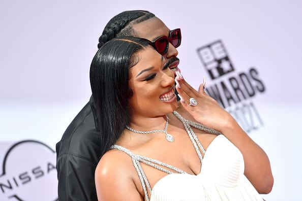 (L-R) Pardison “Pardi” Fontaine and Megan Thee Stallion attend the BET Awards 2021 at Microsoft Theater on June 27