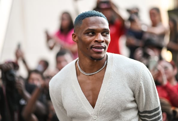 Russell Westbrook is seen outside the Thom Browne show during New York Fashion Week S/S 22 on September 11