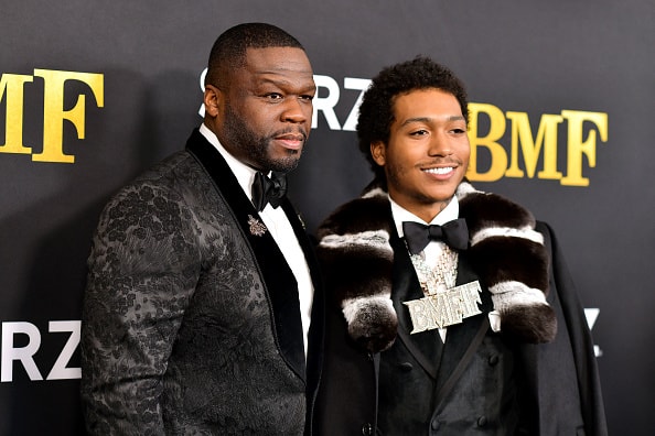Curtis “50 Cent” Jackson and Demetrius “Lil Meech” Flenory Jr. attend STARZ Series "BMF" World Premiere at Cellairis Amphitheatre at Lakewood on September 23