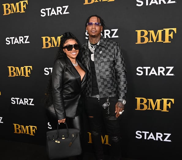 Ariana Fletcher and Moneybagg Yo attend STARZ Series "BMF" World Premiere at Cellairis Amphitheatre at Lakewood on September 23